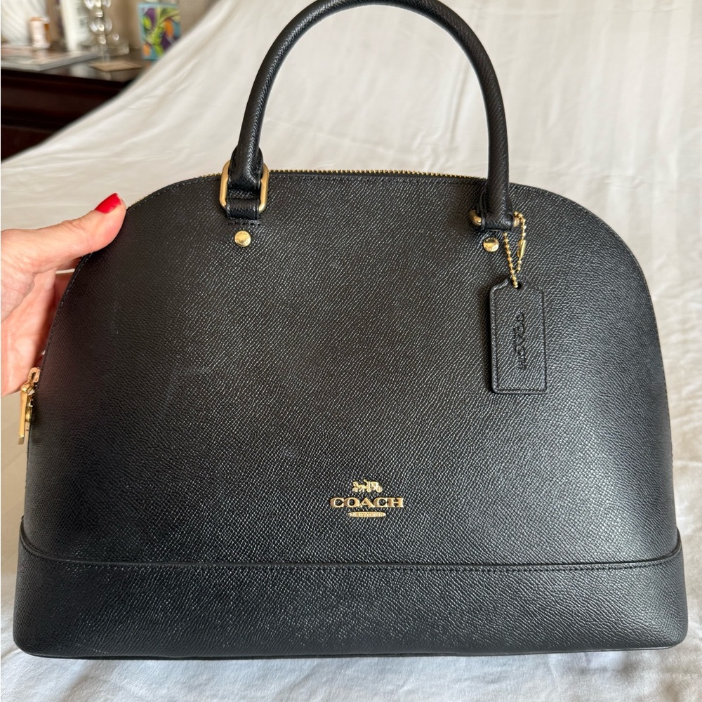 Large Coach Black Leather Satchel with Gold Accents and Crossbody Strap